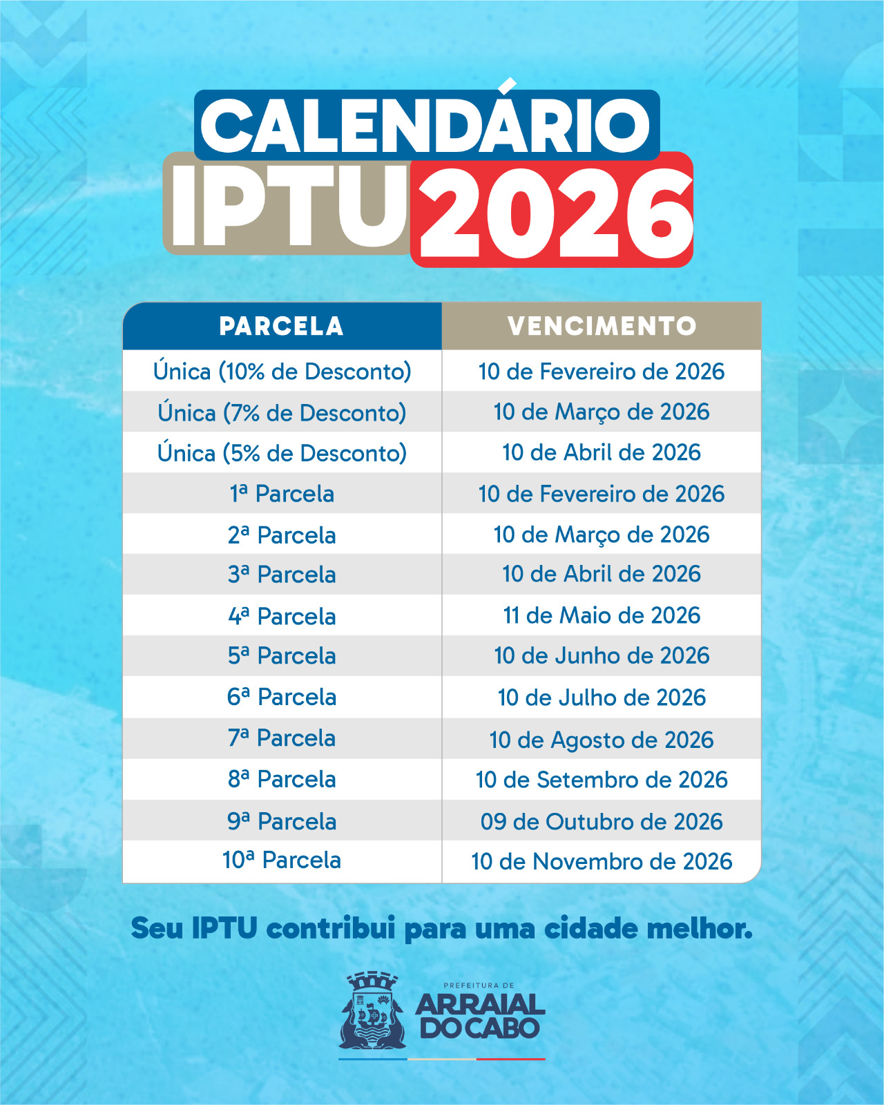 Prefeitura de Arraial do Cabo divulga calendário de pagamento do IPTU 2026